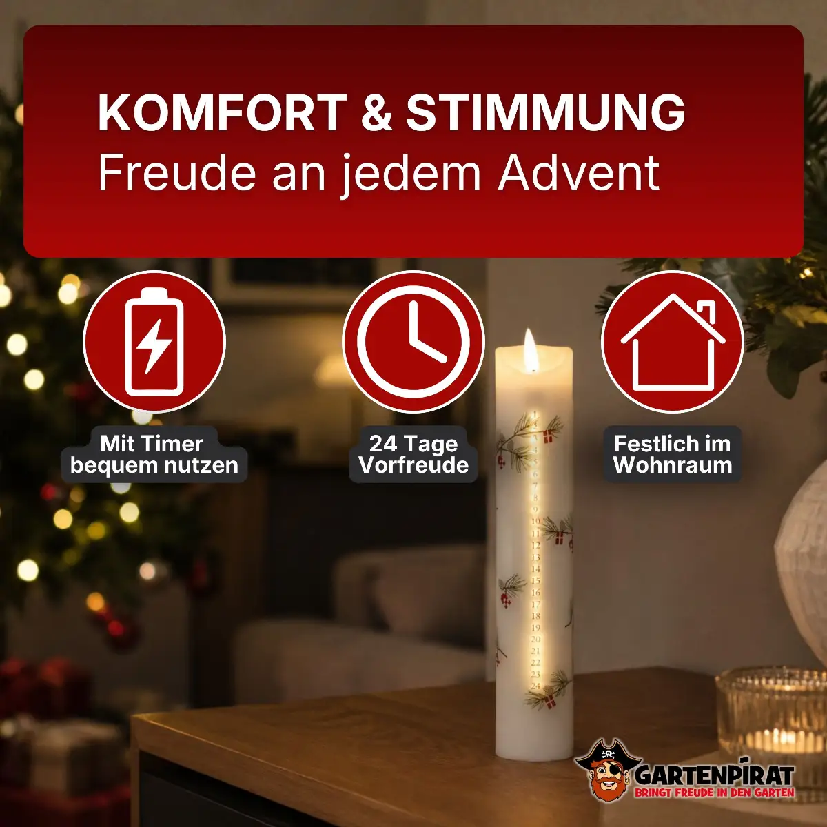 Adventskalenderkerze LED warmweiß