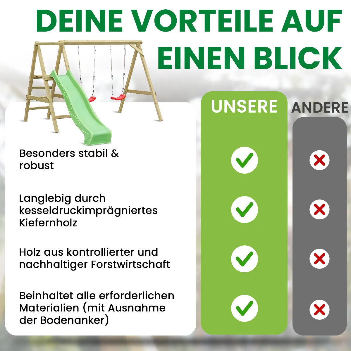 Doppelschaukel Luna Kiefer imprägniert mit apfelgrüner Rutsche