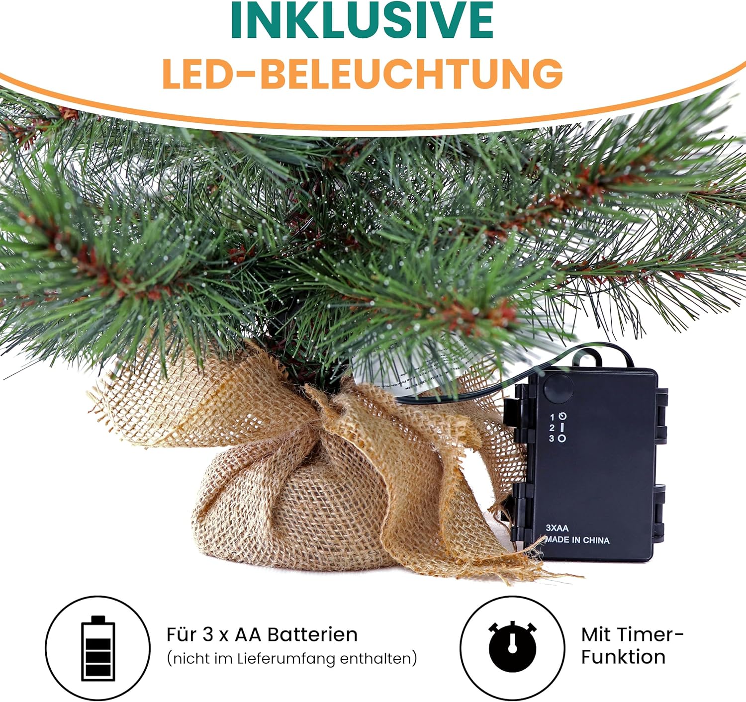 Künstlicher Weihnachtsbaum LED warmweiß kiefernähnlich mit Frosteffekt batteriebetrieben beleuchtet