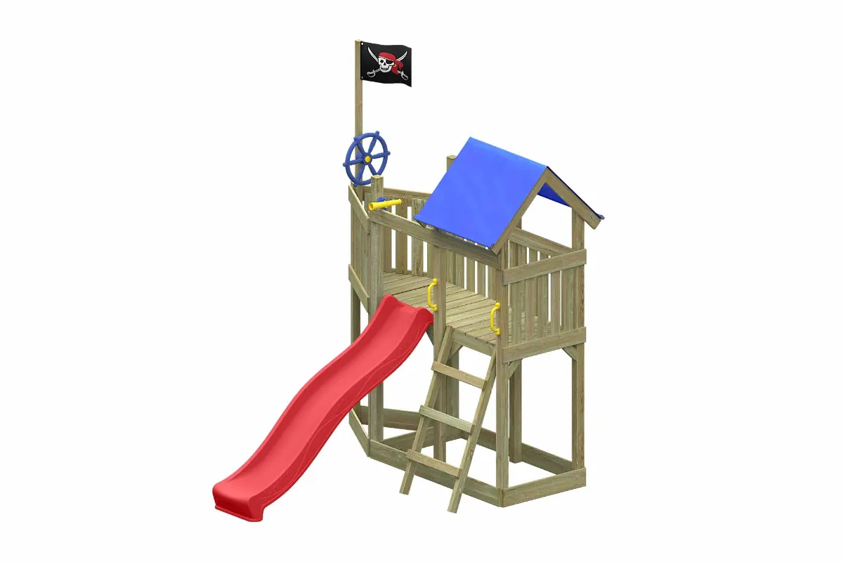 Spielturm Georg Aktiv mit roter Rutsche und Leiter