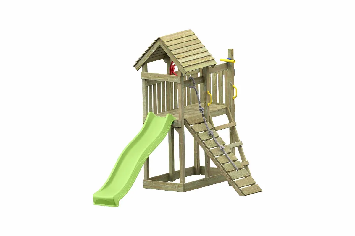 Spielturm Cris Aktiv mit Kletterrampe und apfelgrüner Rutsche