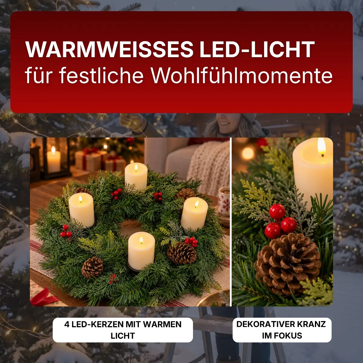Adventskranz mit LED-Kerzen oder für klassische Kerzen – festlich & langlebig