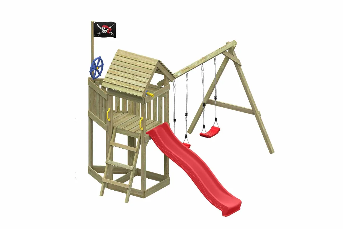 Spielturm Lina Fun mit roter Rutsche und Doppelschaukel