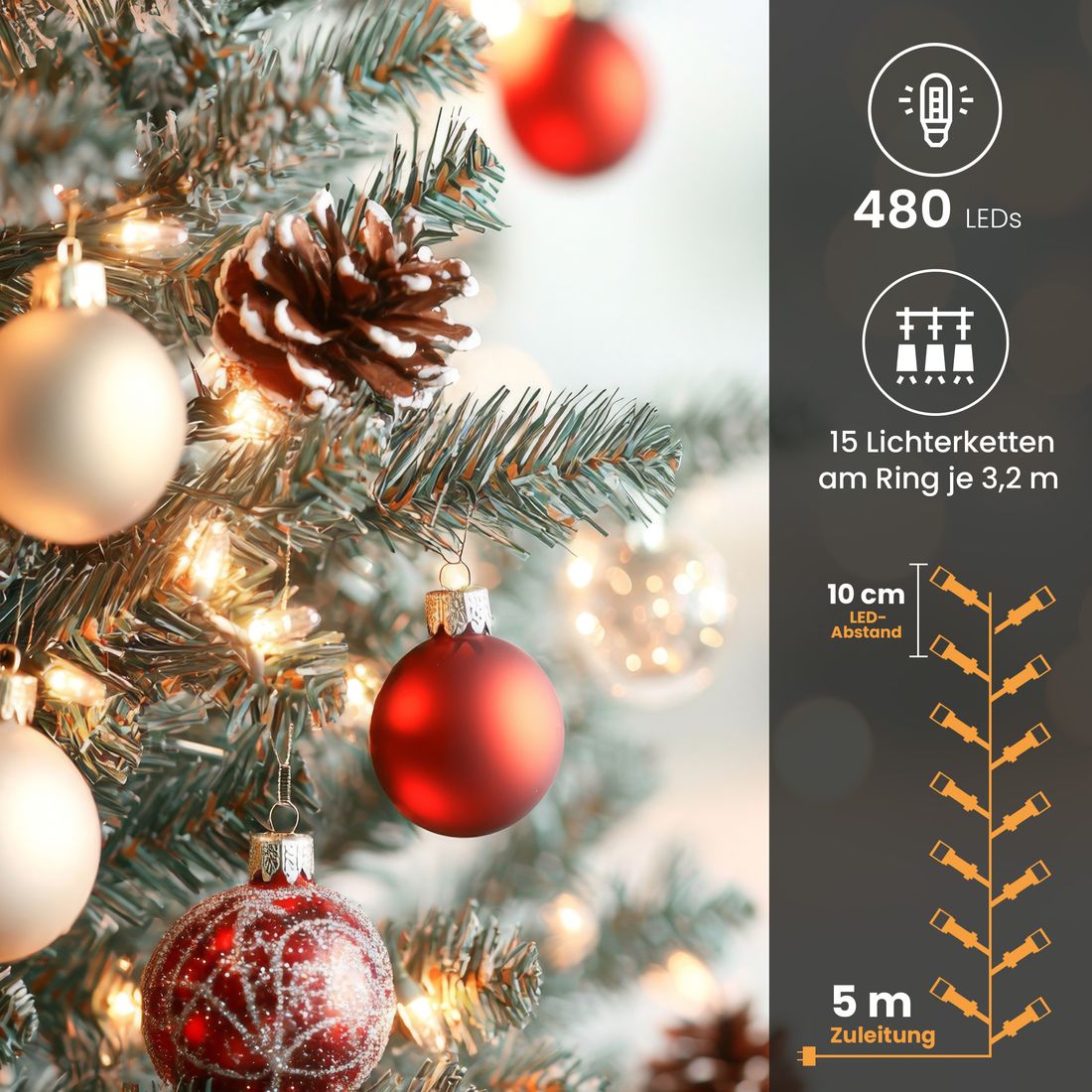 Weihnachtsbaum-Lichterkette mit Ring für Weihnachtsbäume warmweiß Timer-Funktion | 480 LED 2 bis 2,7 m
