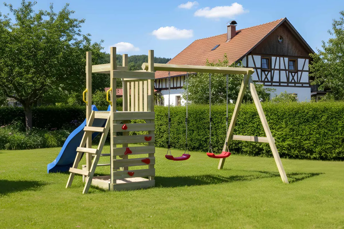 Spielturm Lilly Abenteuer mit Doppelschaukel und Kletterwand