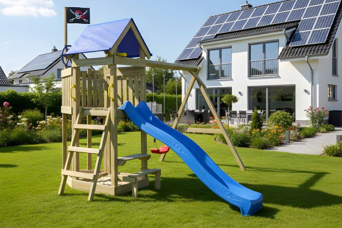 Spielturm Peter Abenteuer mit Doppelschaukel Tisch und Leiter