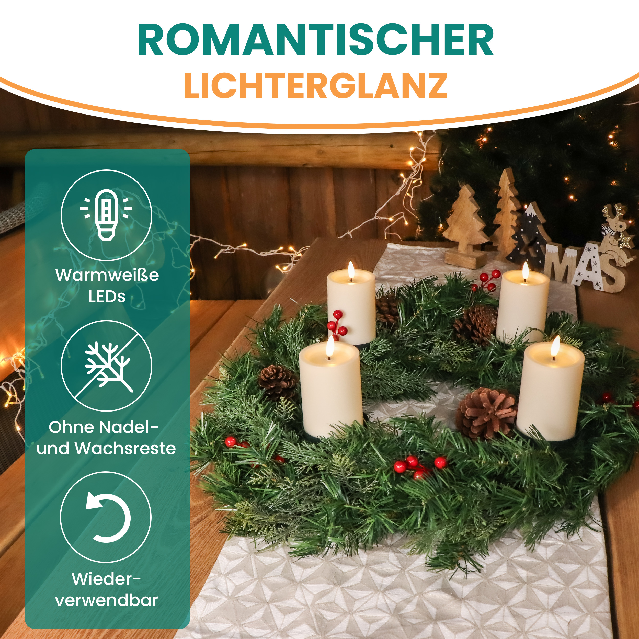 Künstlicher Adventskranz Weihnachtsdeko mit echten Zapfen und roten Beeren geschmückt