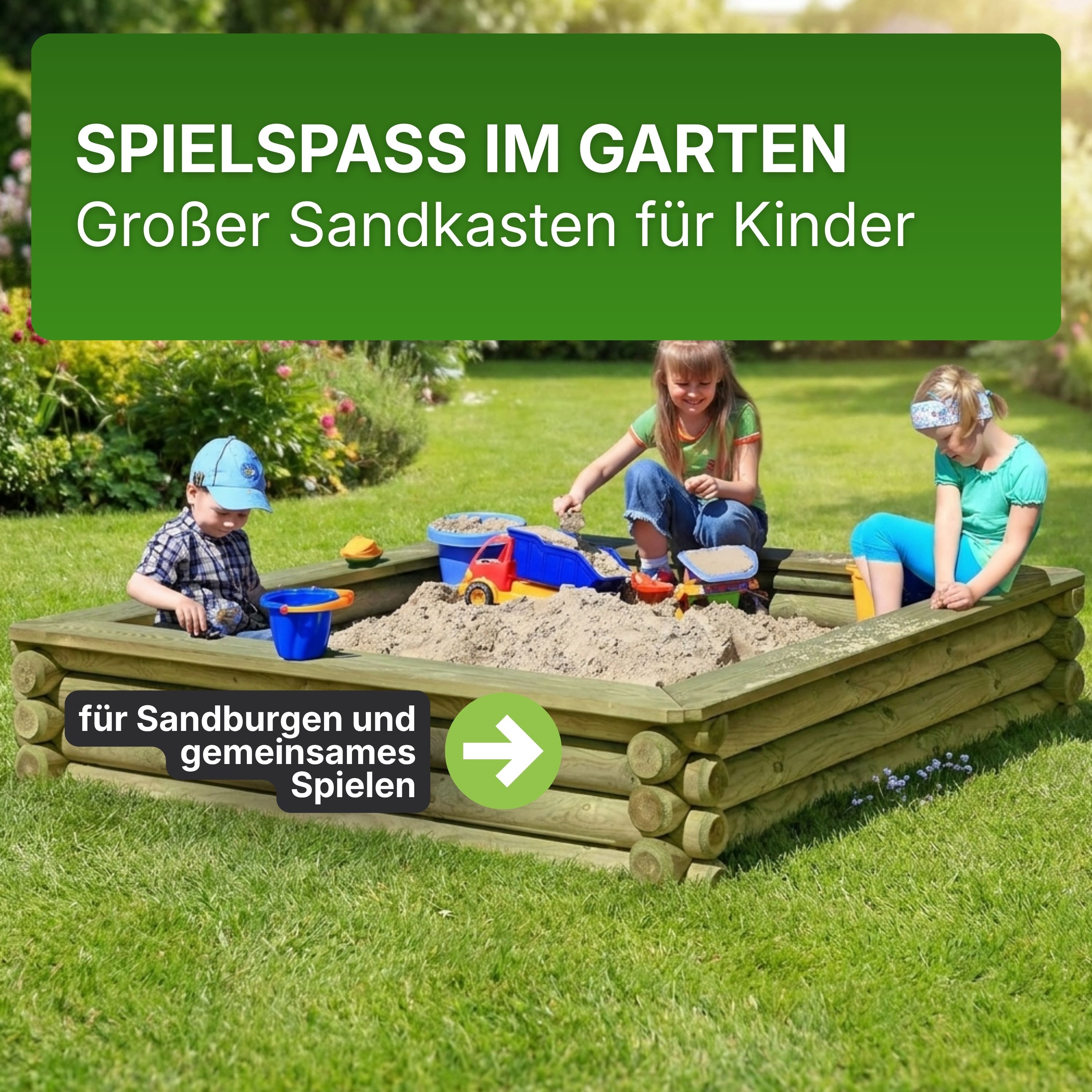 Sandkasten Paulo 180 × 180 cm aus Holz-Palisaden Ø 10 cm – kesseldruckimprägniert