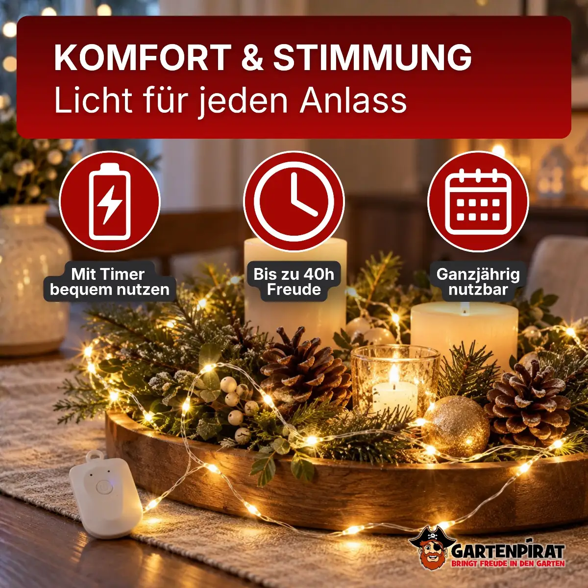 LED Drahtlichterkette mit Timer-Funktion & 8 Lichtmodi