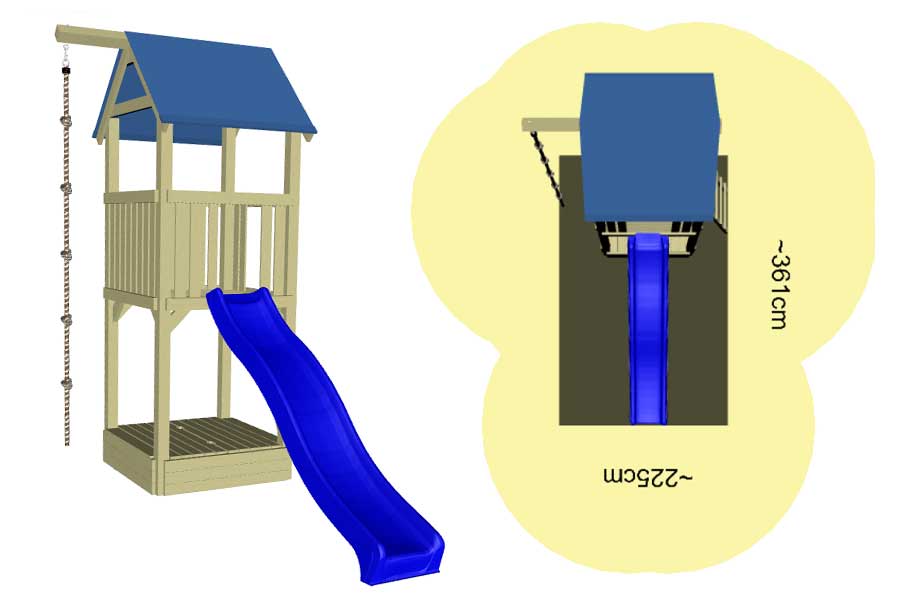  Spielturm Alto mit blauer Rutsche, Sandkasten und Deckel 118x118x350 cm 9x9cm