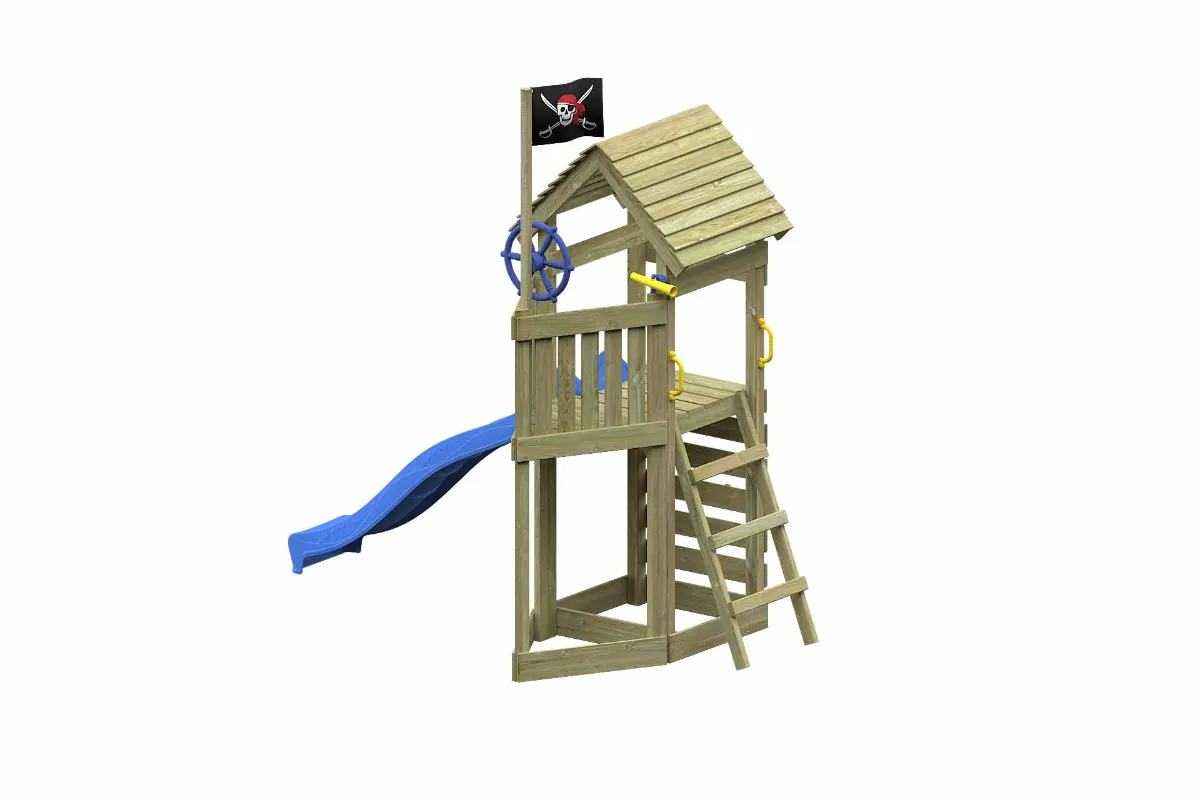 Spielturm Lina Aktiv mit Kletterwand und blauer Rutsche