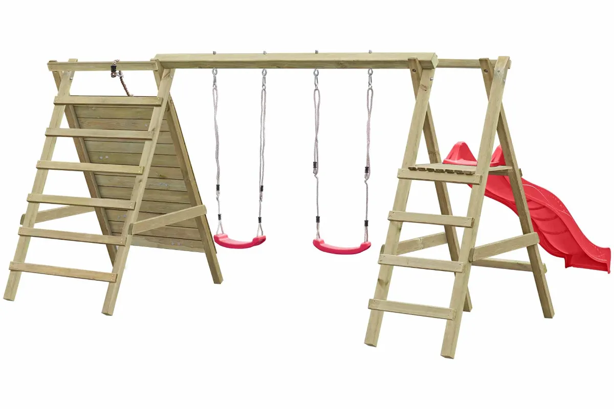 Doppelschaukel Anna mit Kletternetz Sprossenleiter und roter Rutsche