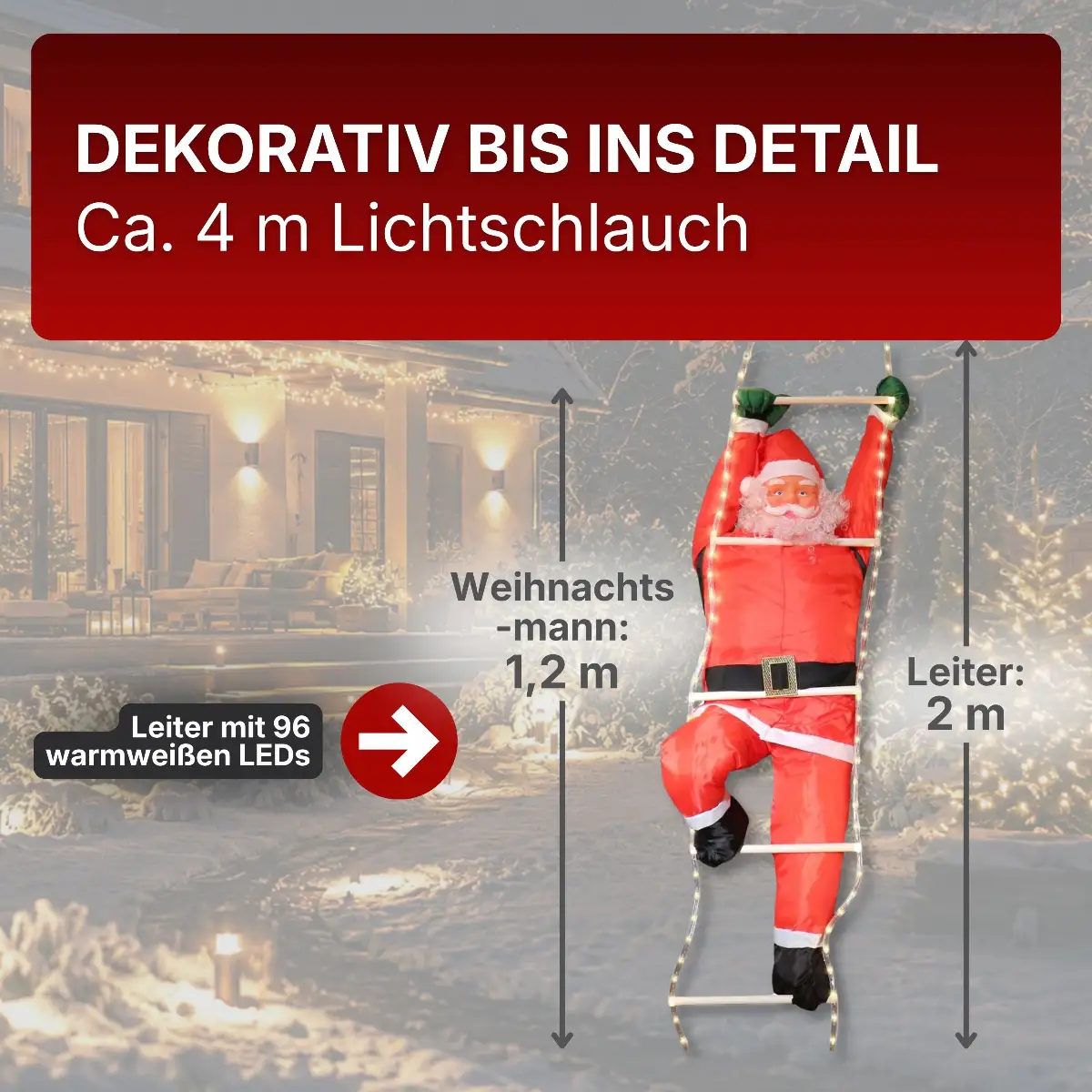 Weihnachtsmann 120 cm auf Leiter 200 cm