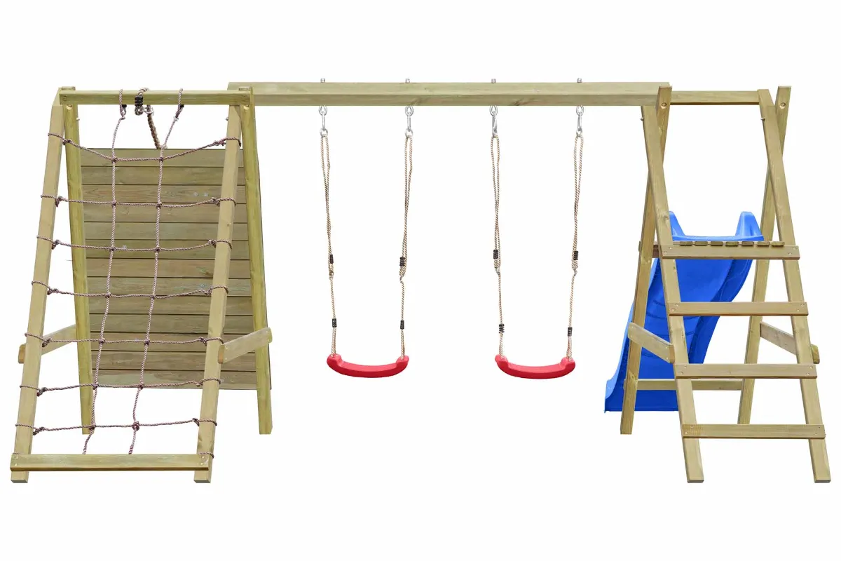 Doppelschaukel Sarah mit Kletternetz Kletterwand und blauer Rutsche