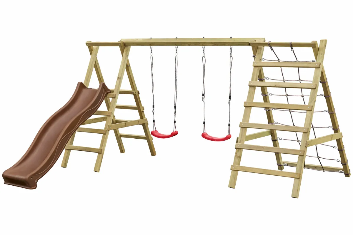 Gartenpirat Doppelschaukel Jana mit Kletternetz Sprossenleiter und  brauner Rutsche
