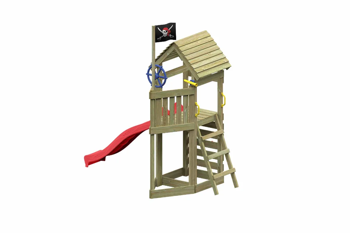 Spielturm Lina Aktiv mit Kletterwand und roter Rutsche