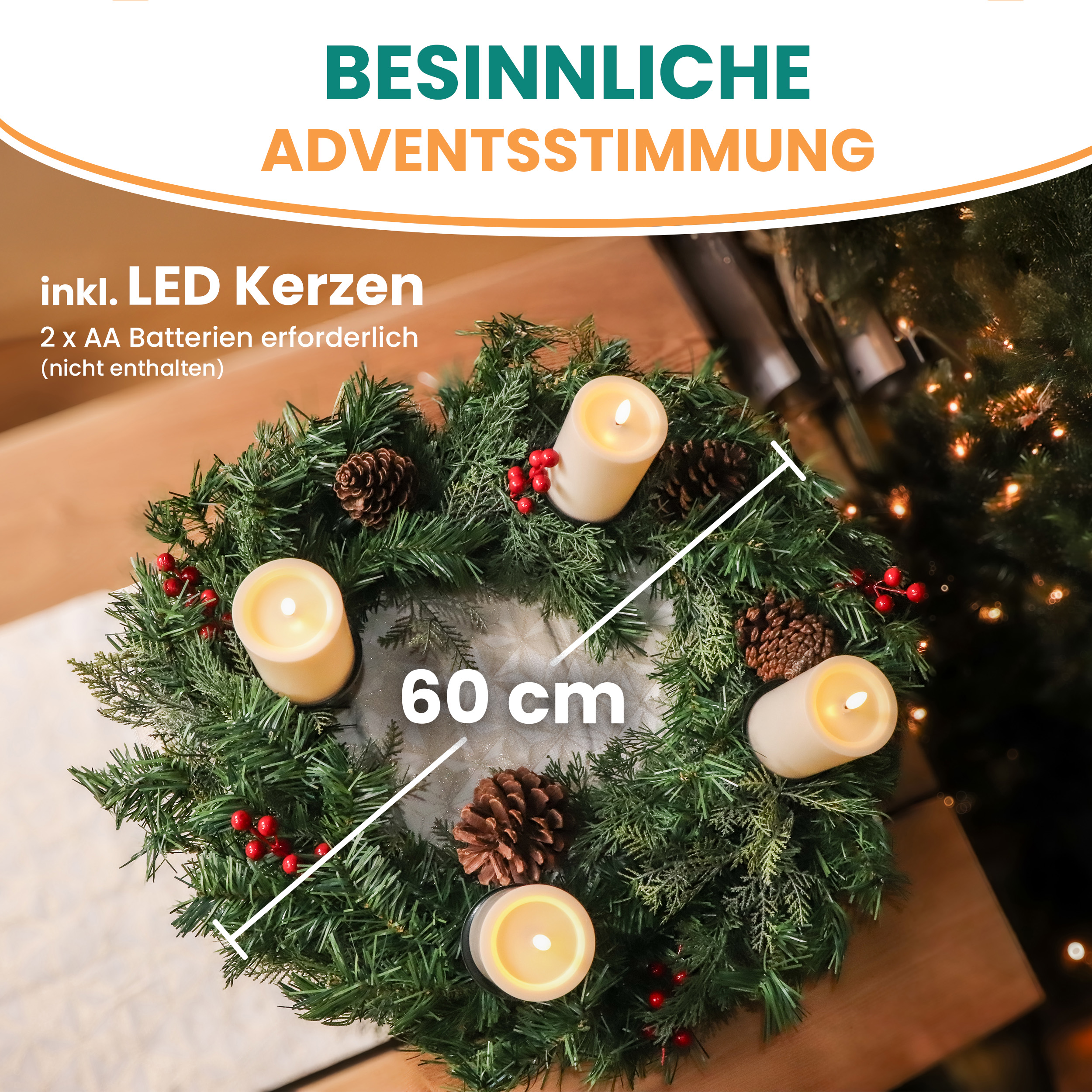 Künstlicher Adventskranz Weihnachtsdeko mit echten Zapfen und roten Beeren geschmückt