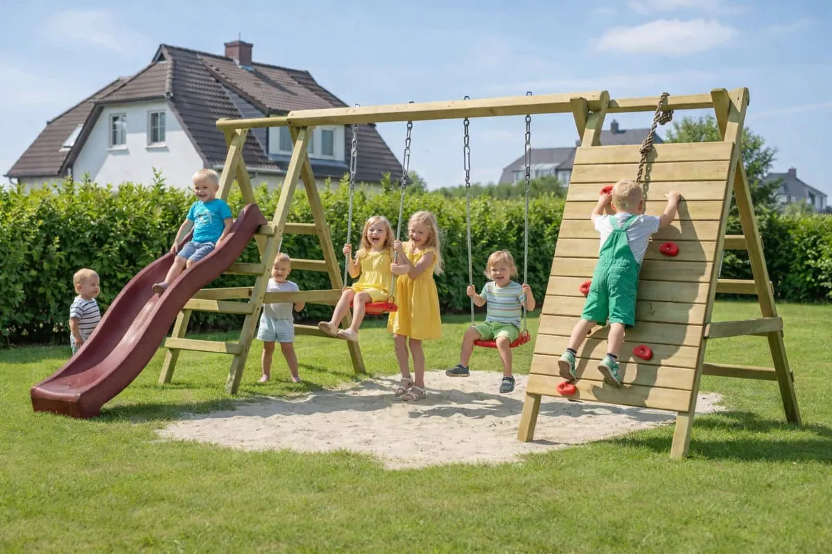 Gartenpirat Doppelschaukel Anna mit Kletternetz Sprossenleiter und brauner Rutsche