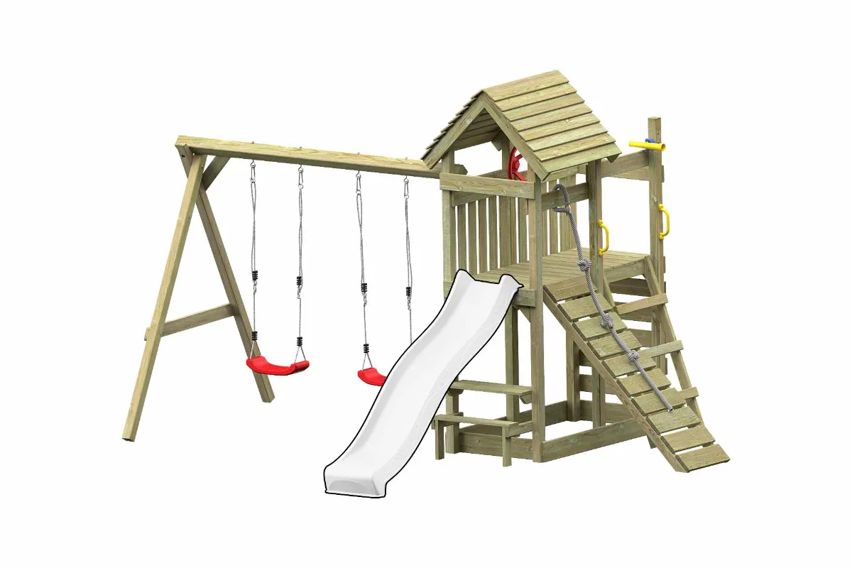 Spielturm Cris Abenteuer mit Kletterrampe Kletterwand und Doppelschaukel