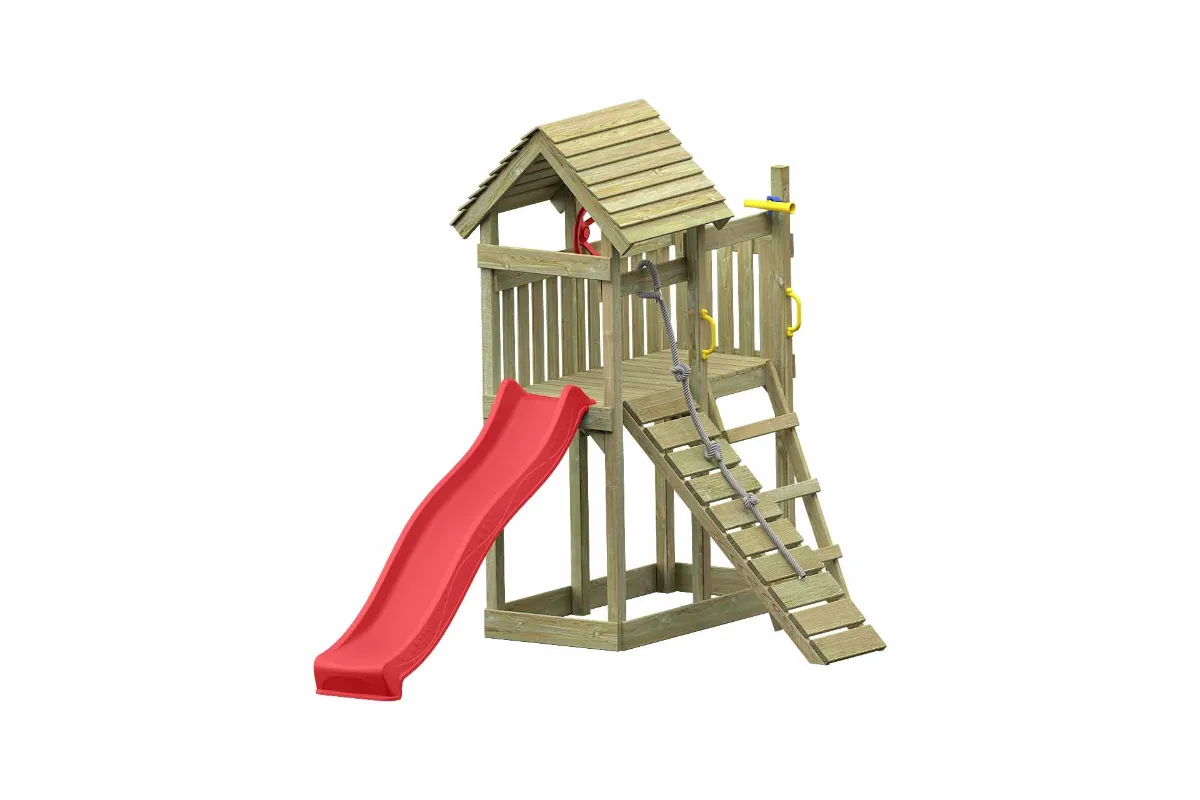 Spielturm Cris Aktiv mit Kletterrampe und roter Rutsche