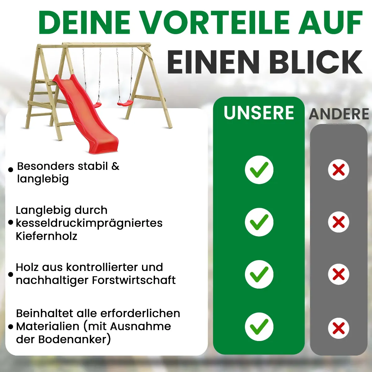 Doppelschaukel Luna Kiefer imprägniert mit roter Rutsche