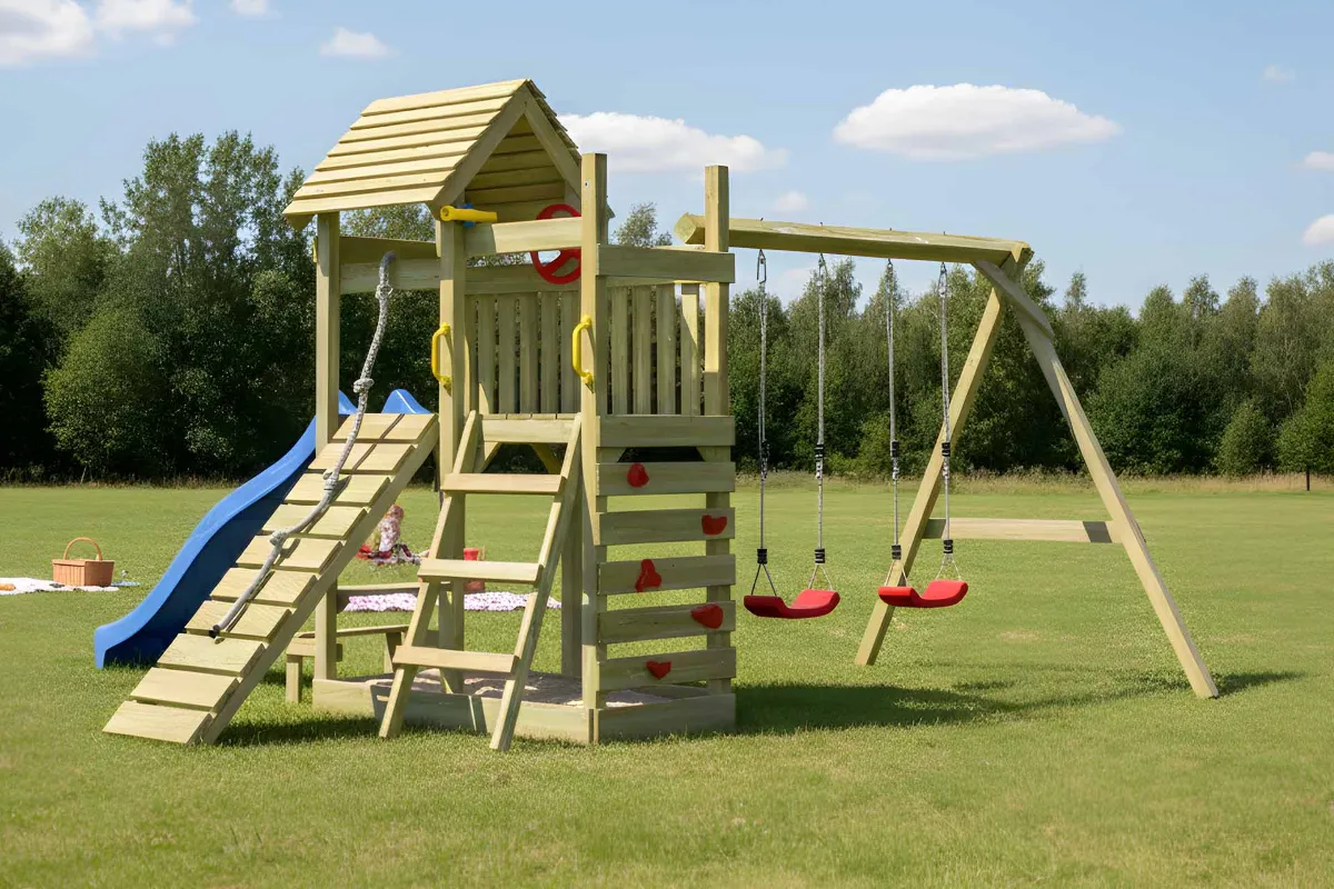 Spielturm Cris Abenteuer mit Kletterrampe Kletterwand und Doppelschaukel