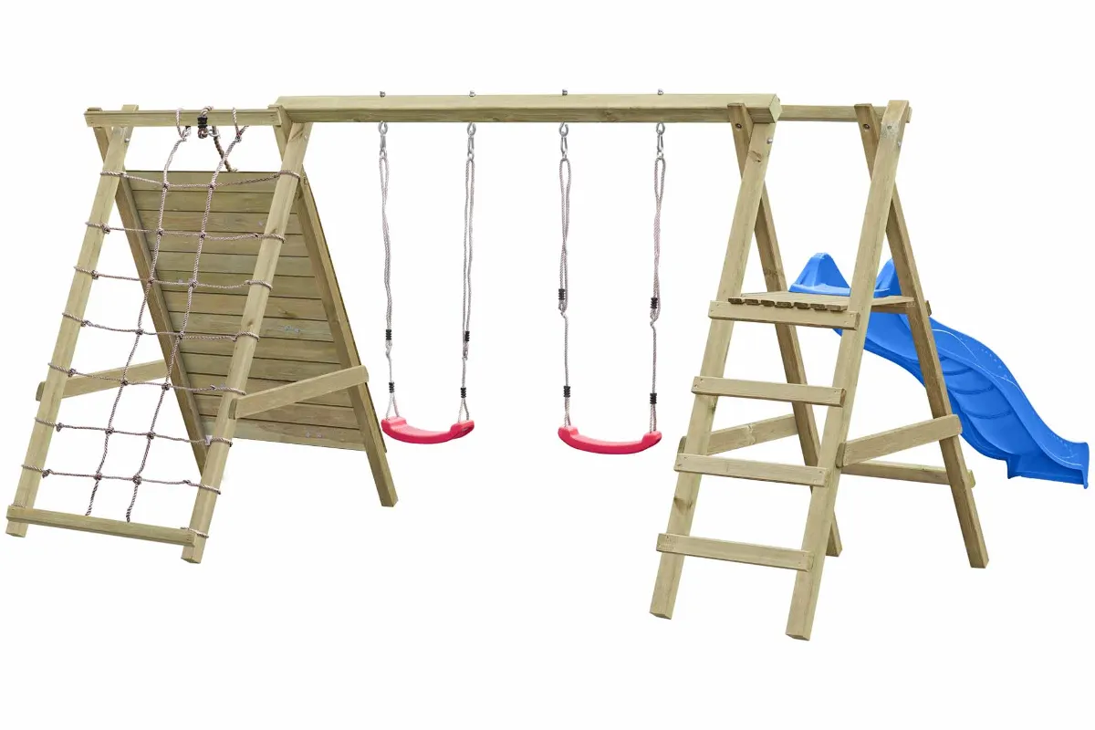 Doppelschaukel Sarah mit Kletternetz Kletterwand und blauer Rutsche