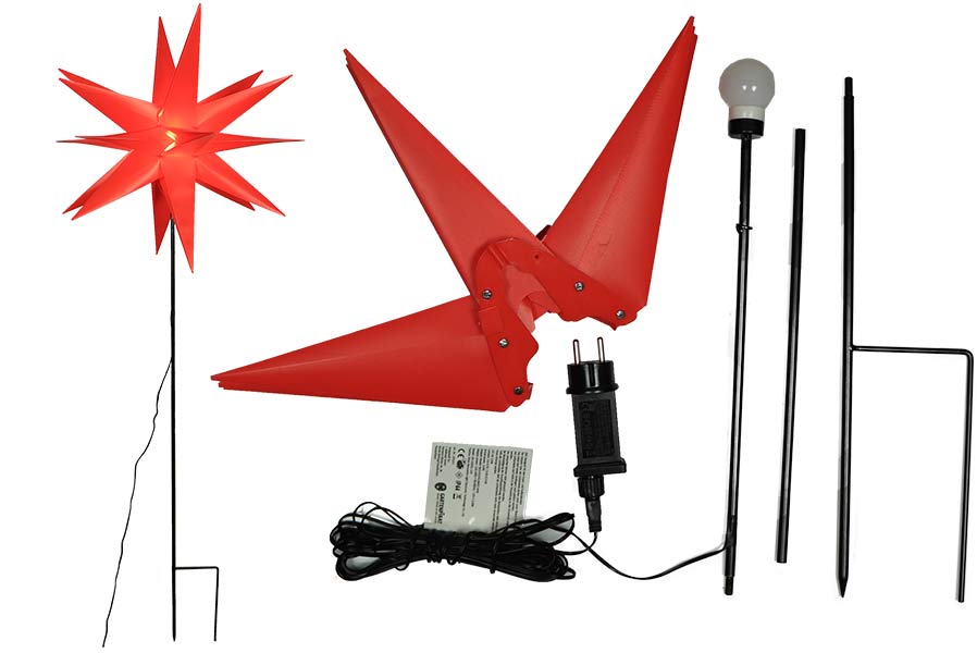 Metall-Gartenstab 18-Zacken-Stern rot mit LED-Birne warmweiß Sternenstab mit Erdspieß