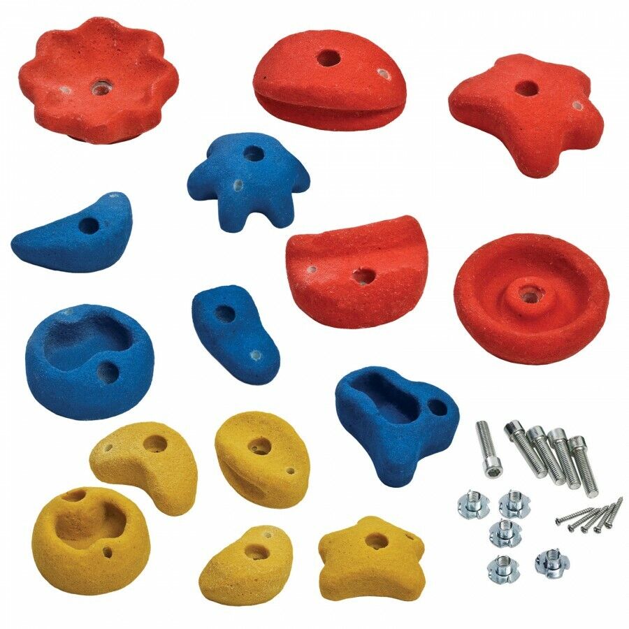 Klettersteine 15 Stück klein/ mittel/ groß in rot blau gelb Griffe für Kletterwand mit Drehsicherung