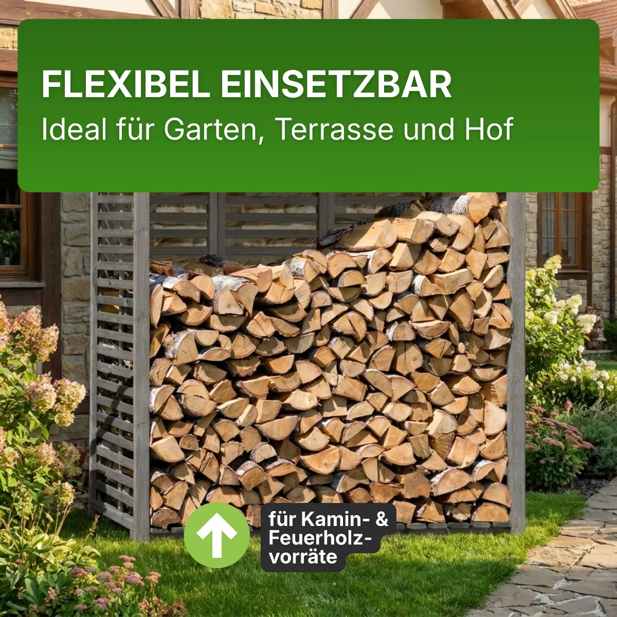 Kaminholzregal mit Rückwand in grau aus Holz Holzlager Kaminholzunterstand