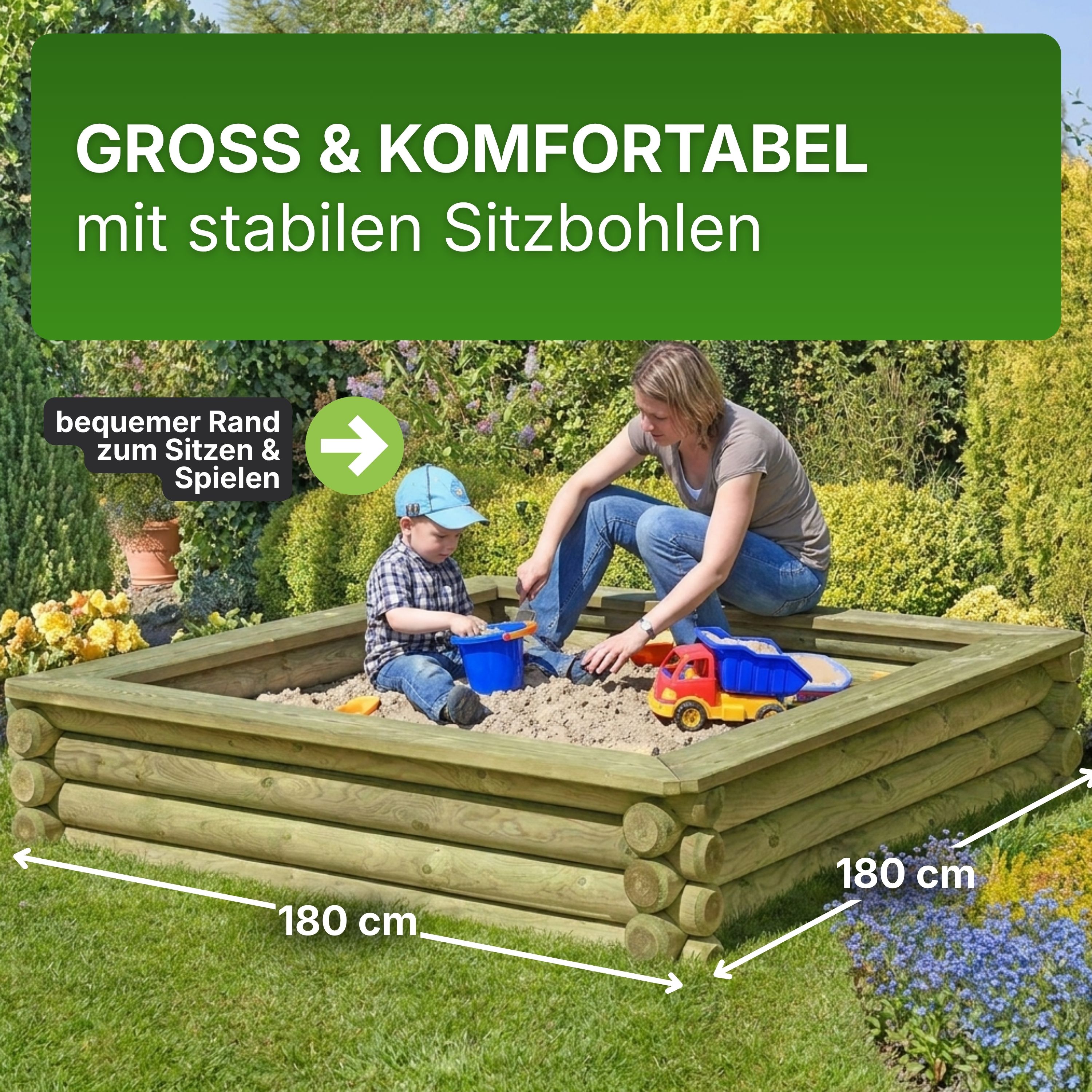 Sandkasten Paulo 180 × 180 cm aus Holz-Palisaden Ø 10 cm – kesseldruckimprägniert