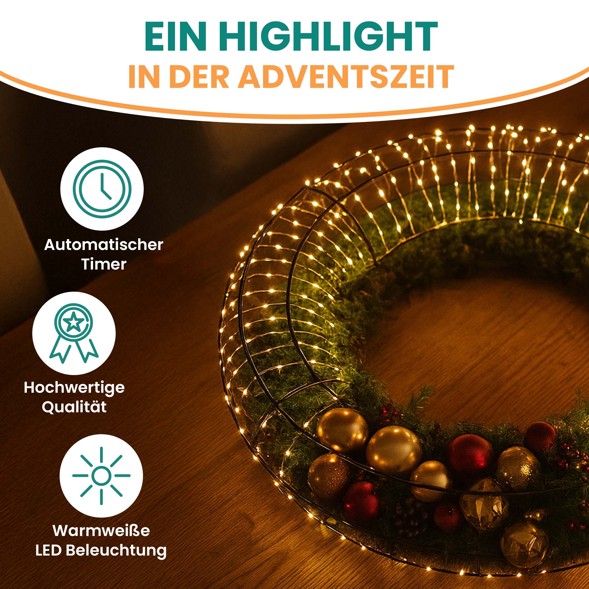 Lichterkranz Ø 70 cm mit 1920 LED warmweiß Timer-Funktion IP44
