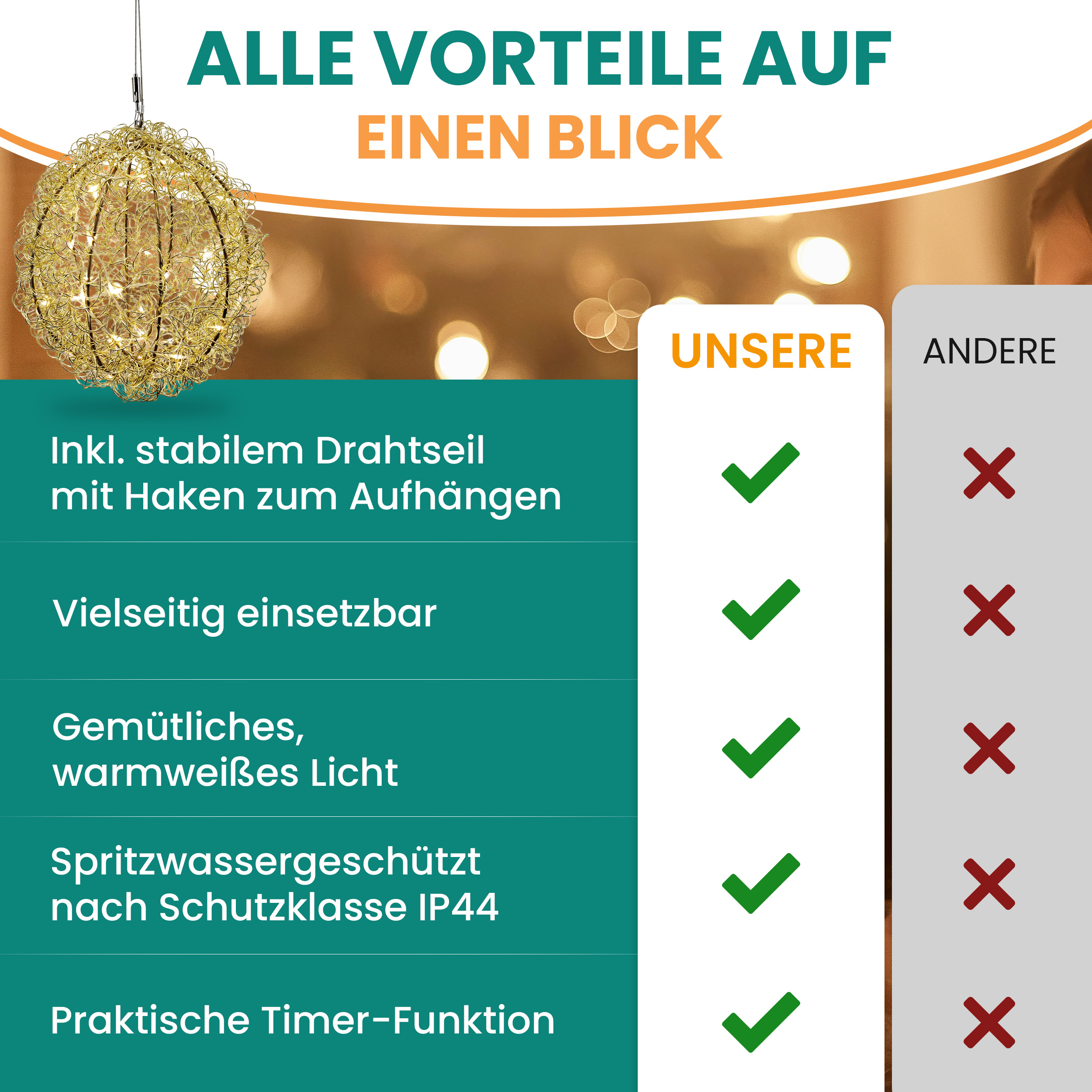 Dekorative LED-Kugel Gold – Warmweiß für Innen & Außen
