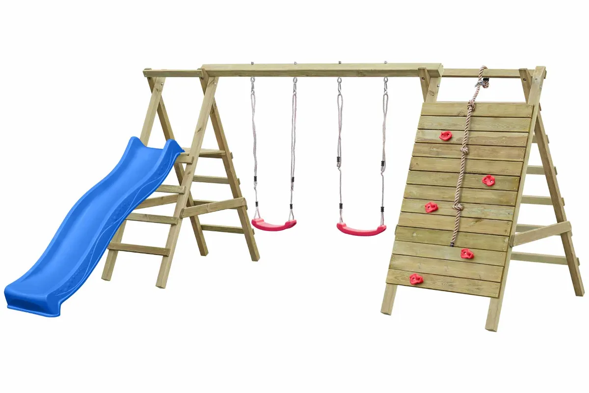 Doppelschaukel Anna mit Kletternetz Sprossenleiter und blauer Rutsche