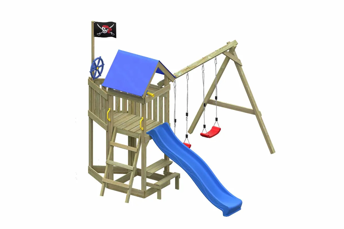 Spielturm Peter Abenteuer mit Doppelschaukel Tisch und blauer Rutsche