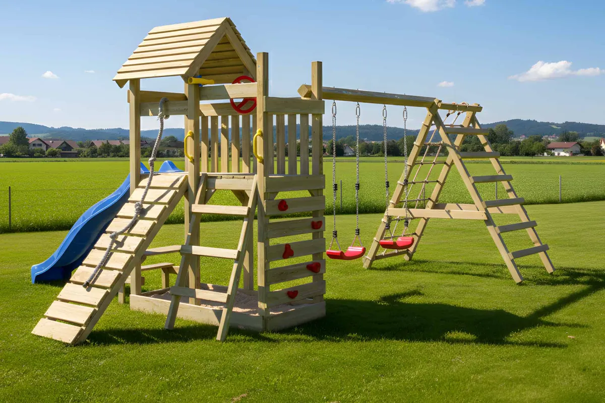 Spielturm Cris Max mit Doppelschaukel und großem Kletterbereich