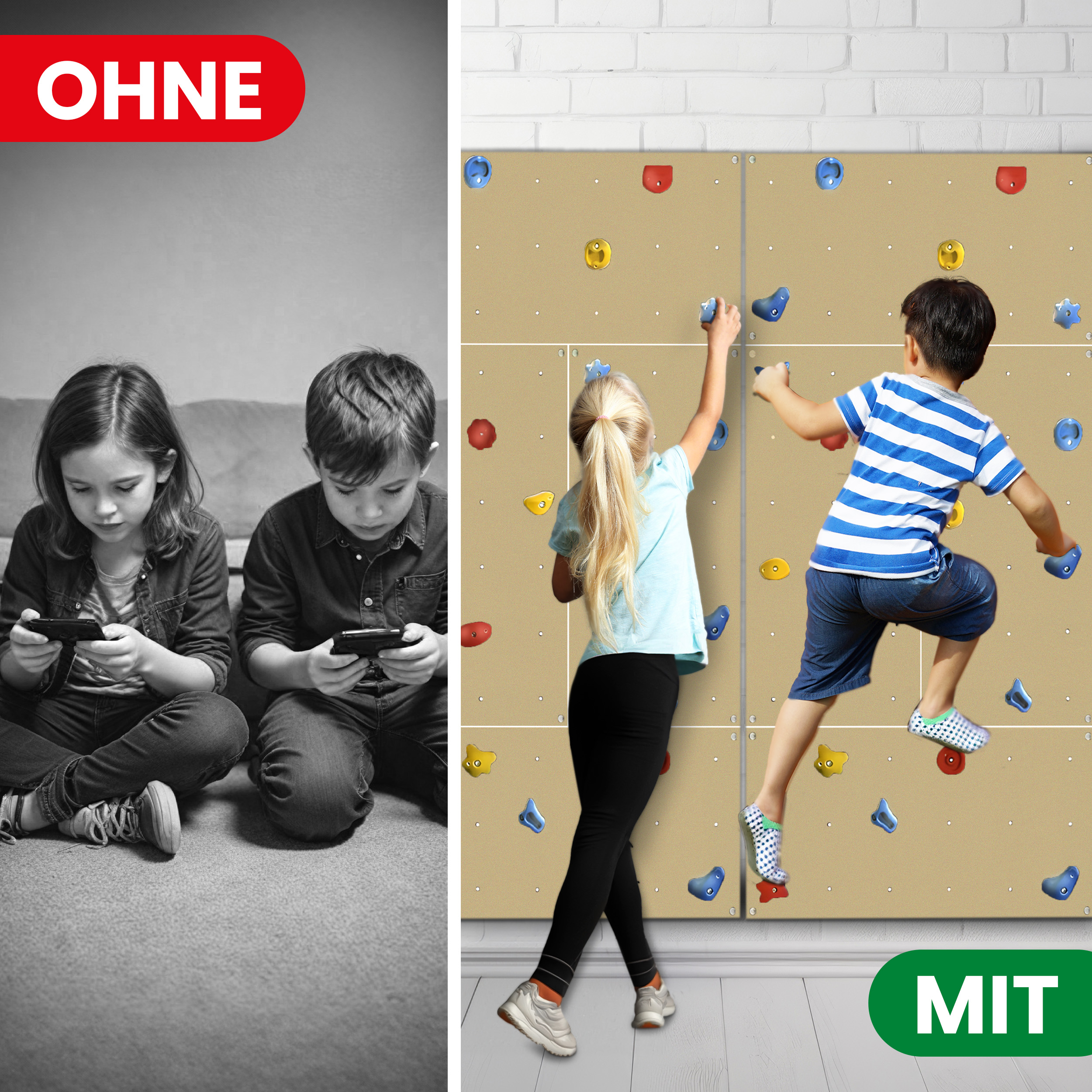 Kletterwand Indoor mit bunten Klettersteinen und Montagematerial für Kinder und Erwachsene