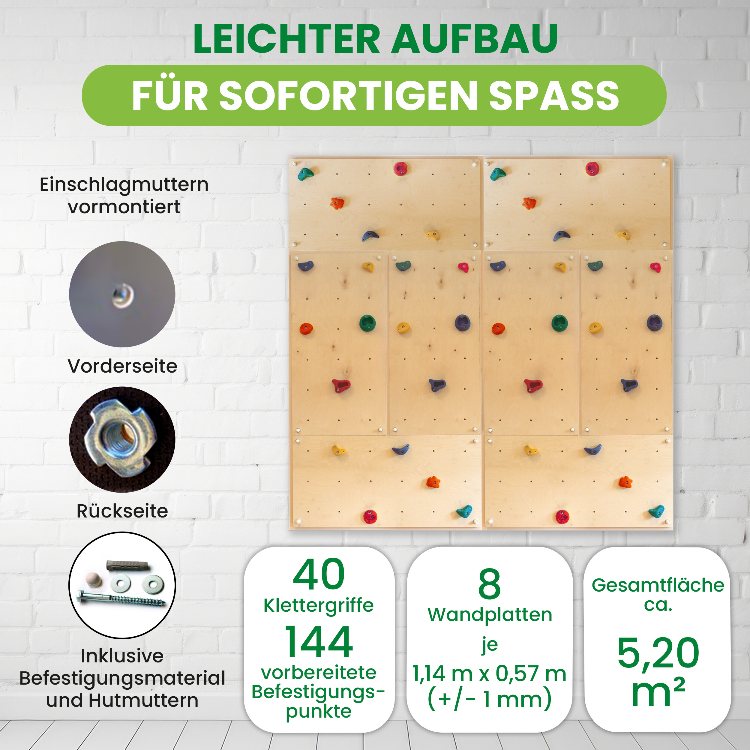 Kletterwand Indoor mit bunten Klettersteinen und Montagematerial für Kinder und Erwachsene