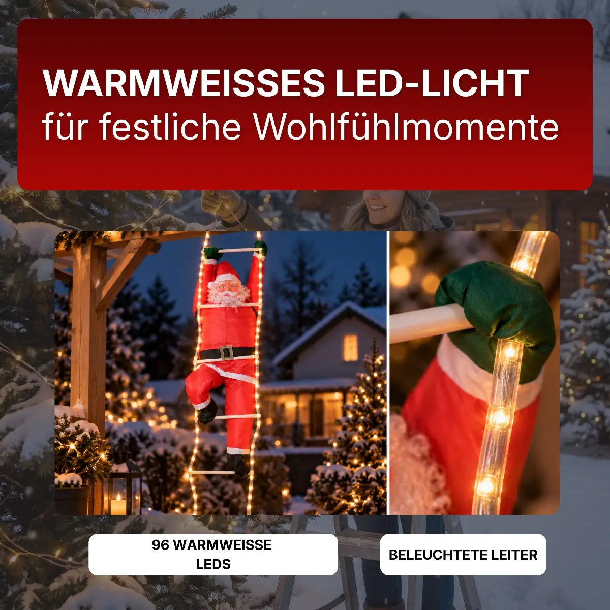 Kletternder Weihnachtsmann mit LED-Leiter – 120 cm