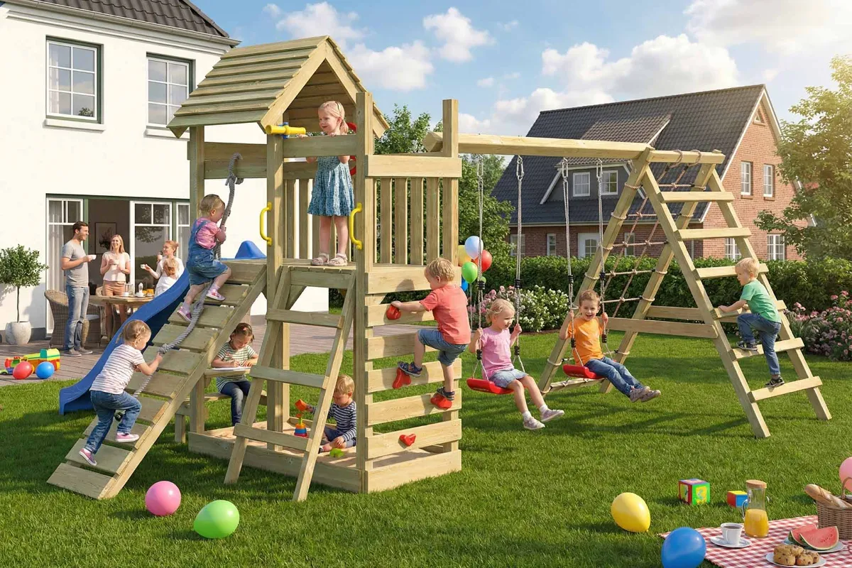 Spielturm Cris Max mit Doppelschaukel und großem Kletterbereich