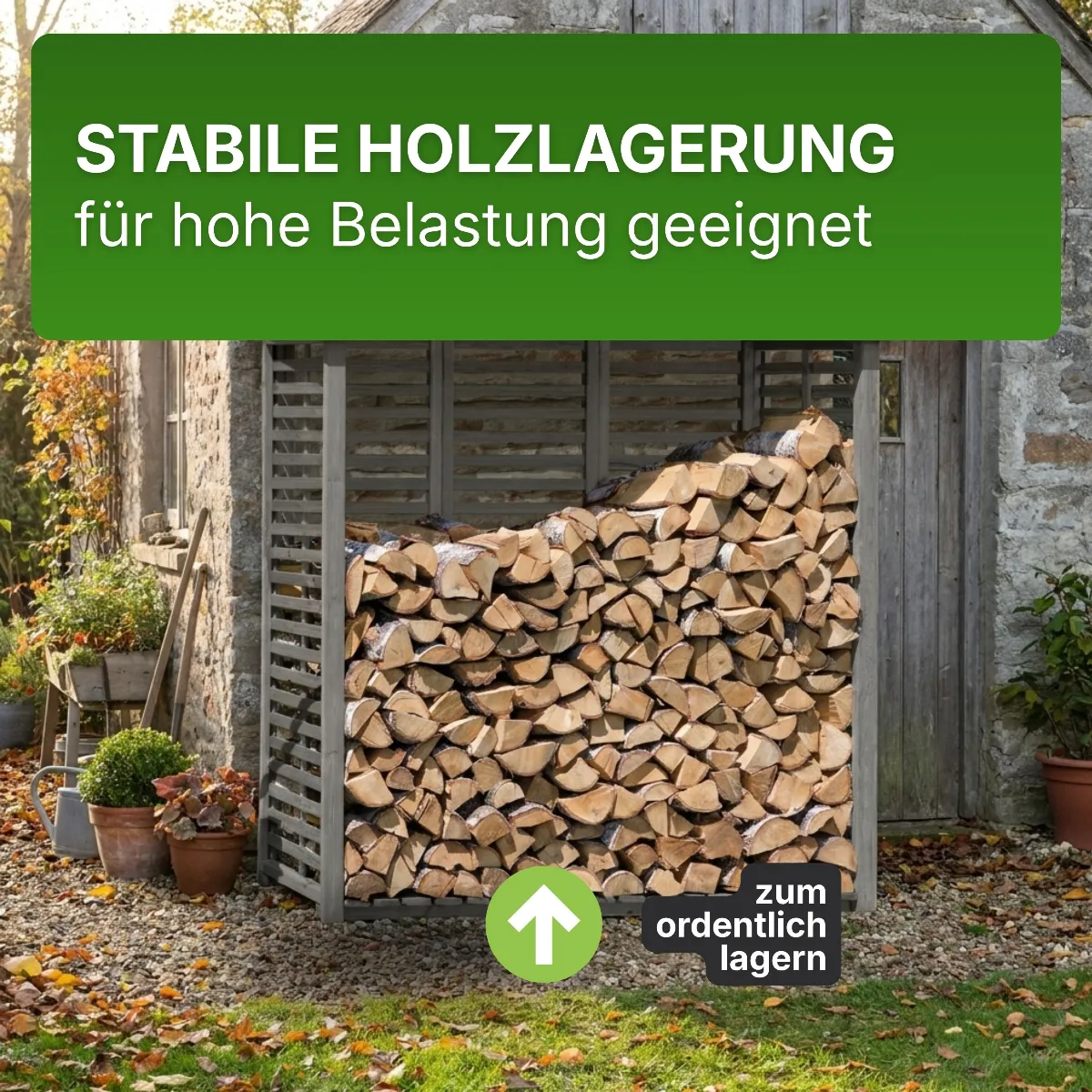 Kaminholzregal mit Rückwand in grau aus Holz Holzlager Kaminholzunterstand