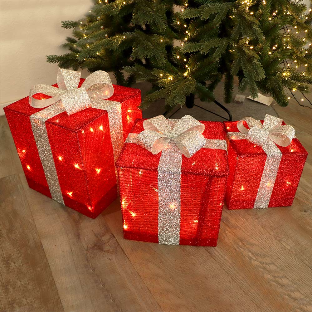 Geschenkboxen Deko-Set mit 3 Geschenkpäckchen 72 LED mit Schleife