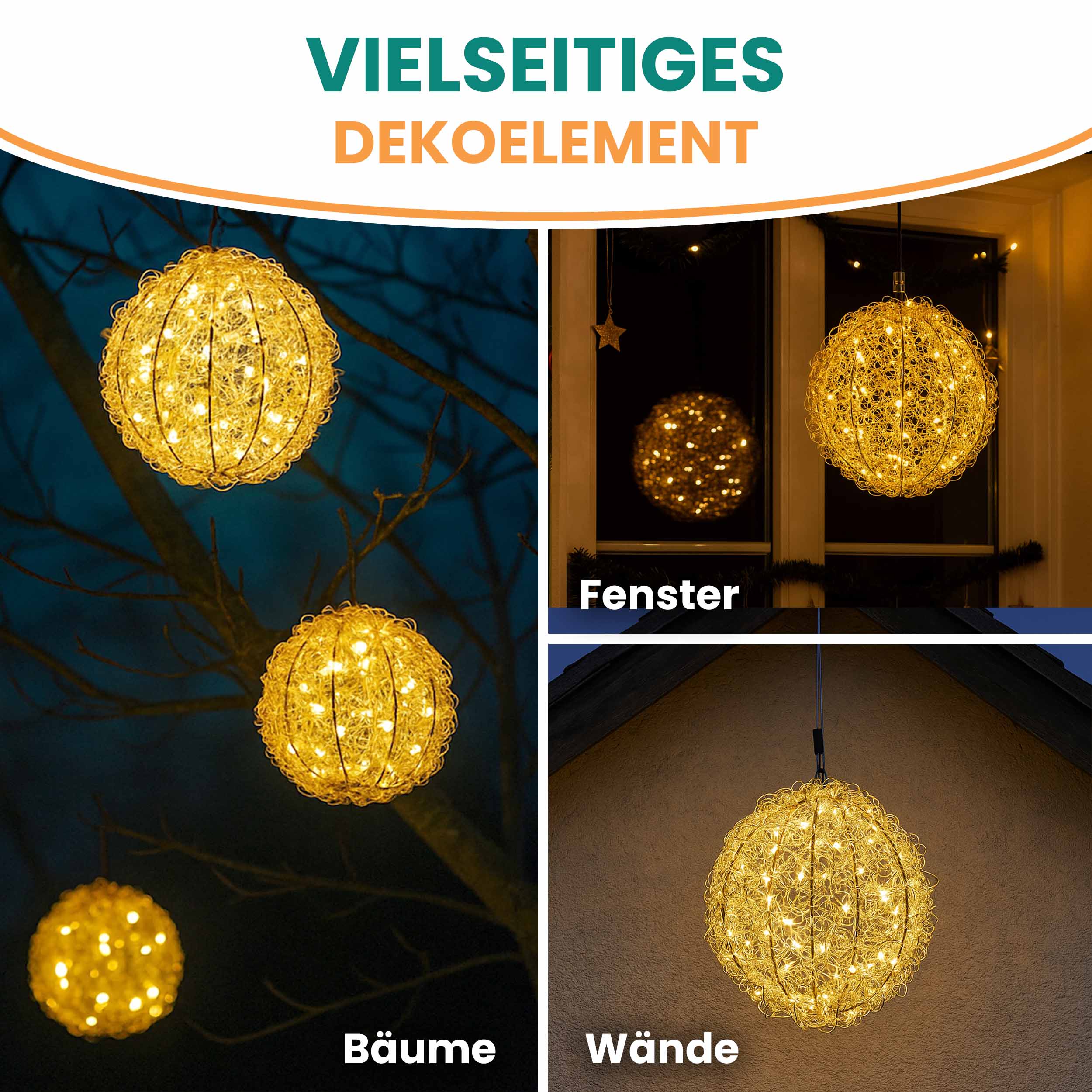 3D Drahtkugel Gold Ø 30 cm mit 80 LED warmweiß Timer-Funktion IP44