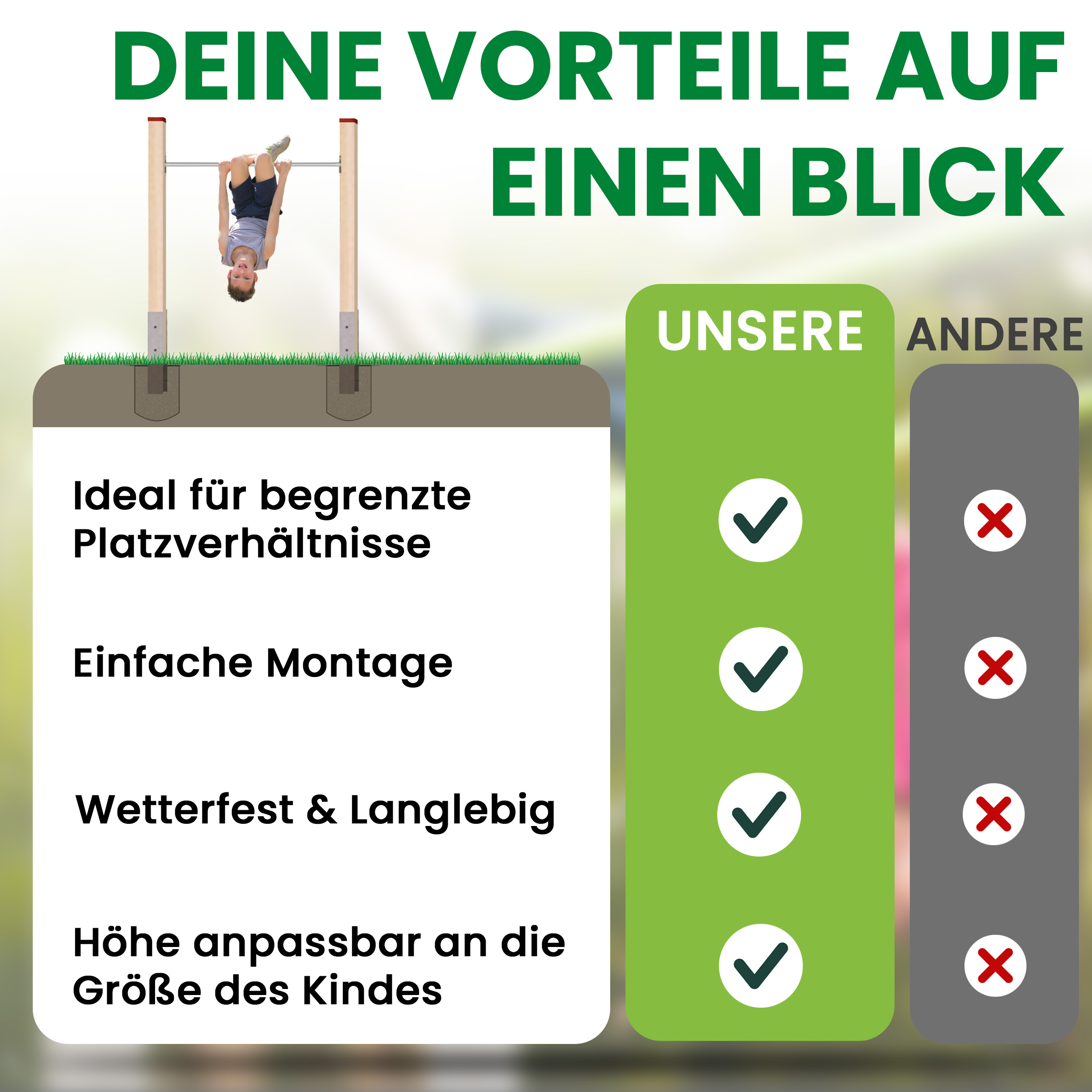 Turnreck aus Kantholz Kiefer imprägniert mit Edelstahl-Reckstange und H-Anker