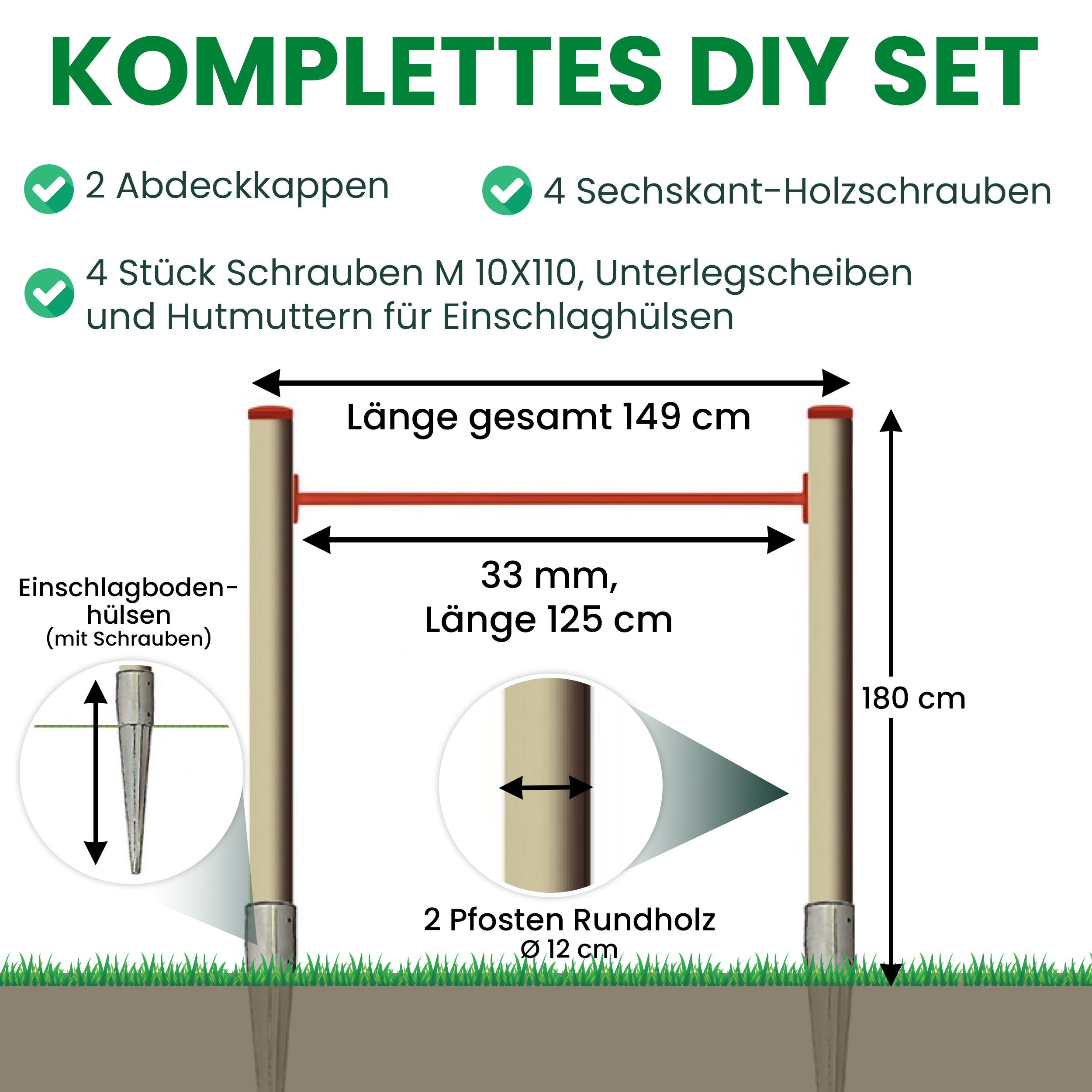Turnreck mit Lärchen-Pfosten mit Reckstange rot und Einschlaghülsen