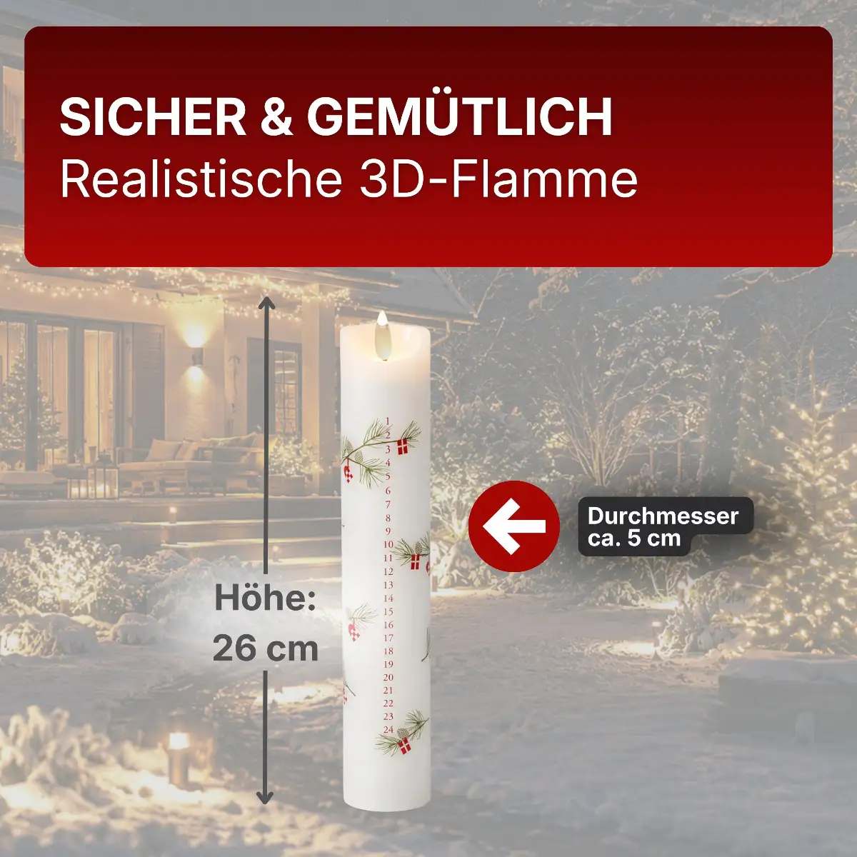 LED Adventskalenderkerze 26 cm