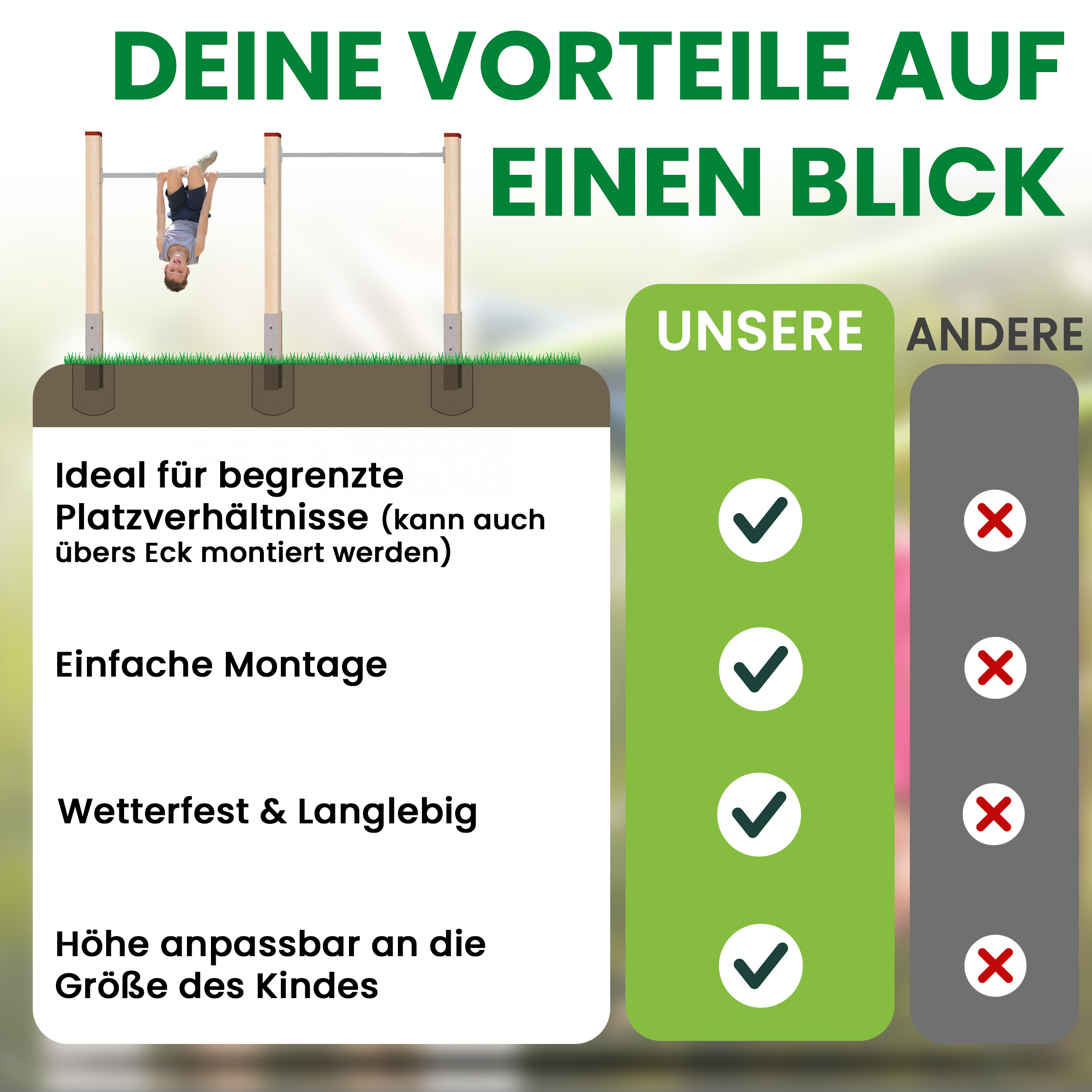 Turnreck aus Kantholz Kiefer imprägniert mit Edelstahl-Reckstange und H-Anker