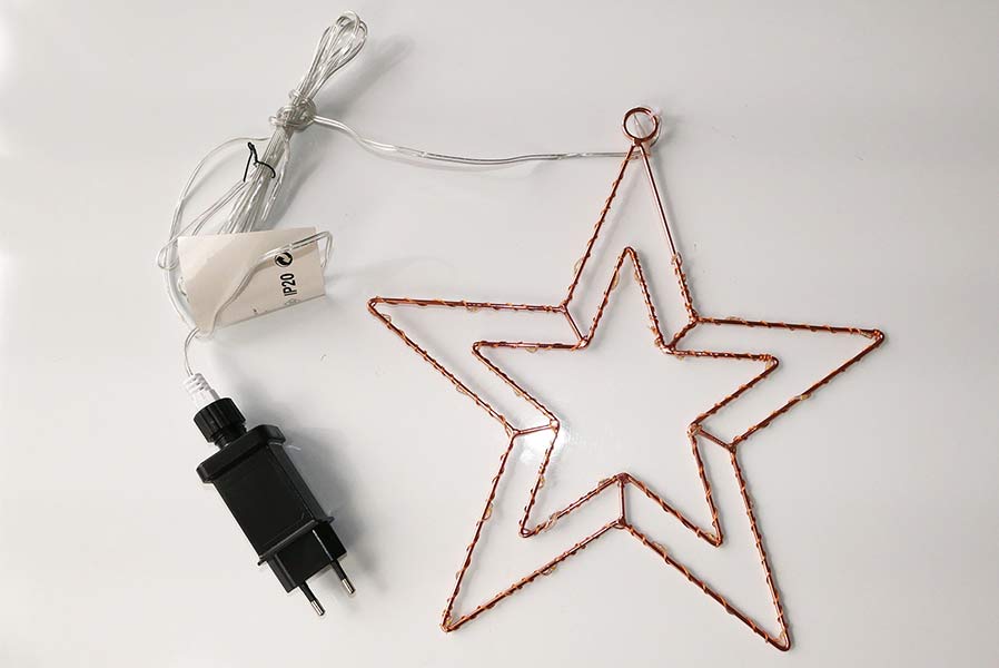 Weihnachtsstern aus kupferfarbenem Draht mit LED-Lichtern warmweiß Fensterstern