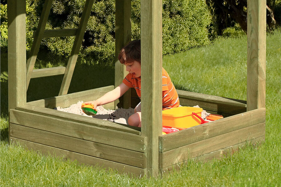 Spielturm Alto mit Sandkasten Höhe 350 cm Kletterturm für den Garten aus Holz 9x9 cm