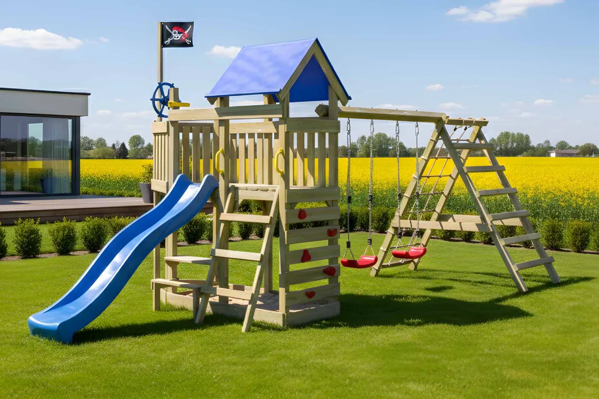 Spielturm Georg Max mit Kletternetz Kletterwand und Doppelschaukel